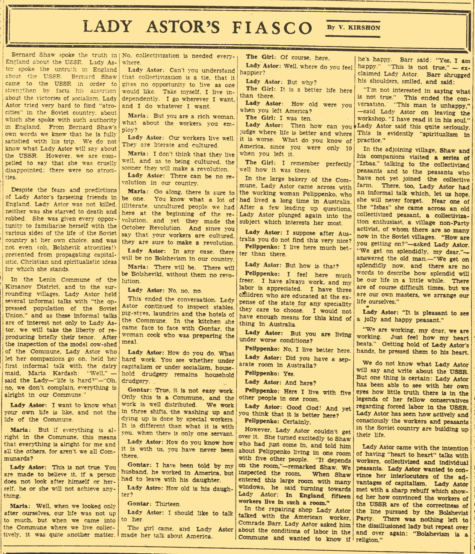 Фиаско леди Астор. Статья в газете The Daily Worker от 15 августа 1931 года